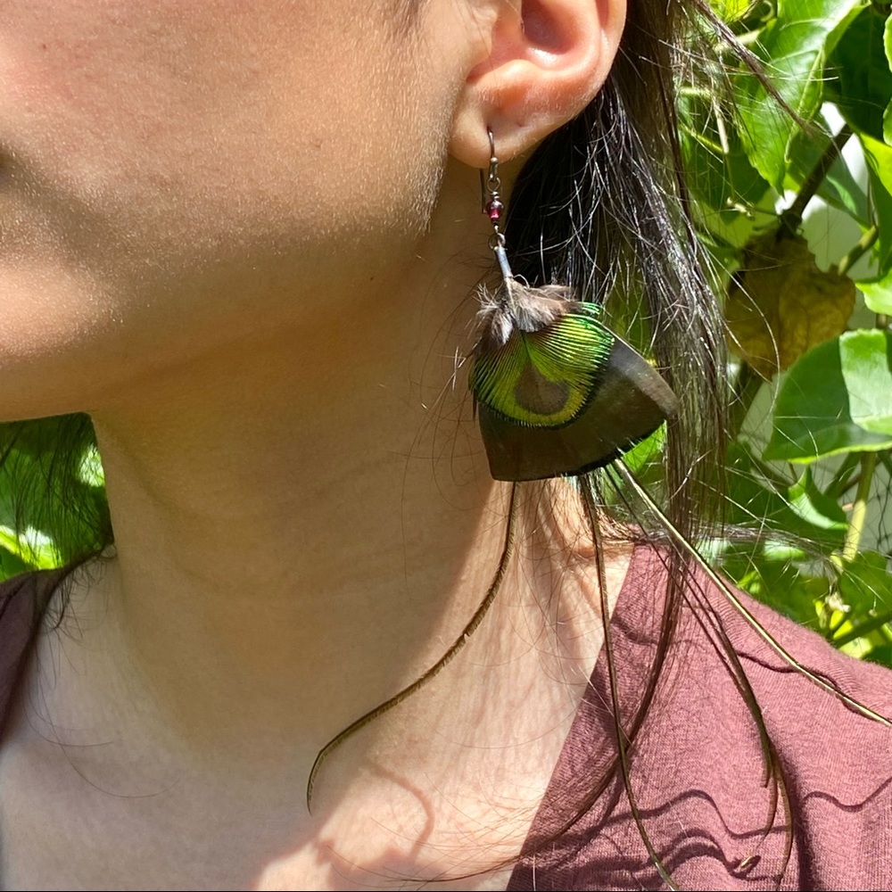 Foraged Feather Bead Gunmetal Statement Earrings